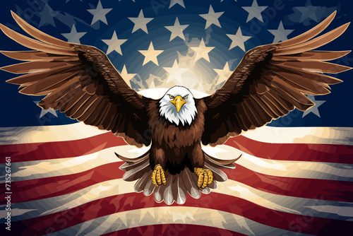 a bald eagle flying over an american flag