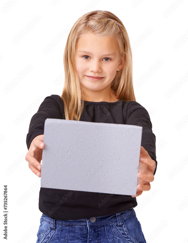 Poster, presentation and smile with portrait of child in studio for announcement, advertising and idea. Promotion, opinion and review with girl and sign on white background for vote, space and mockup Poster, presentation and smile with portrait of child in studio for announcement, advertising and idea. Promotion, opinion and review with girl and sign on white background for vote, space and mockup