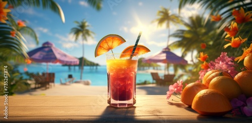 tropical colorful cocktail sitting on a table near palm trees with umbrellas
