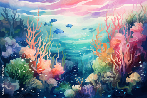 a painting of an underwater scene with corals and fish © Thuan