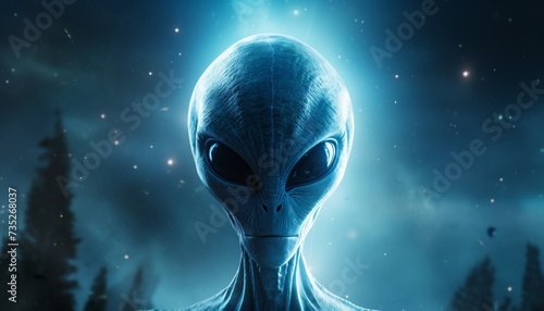 alien and planet in space with blue background photo