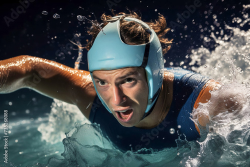 Close-up portrait of a water polo player while moving in the water. An athlete swims in a pool during a tense match.