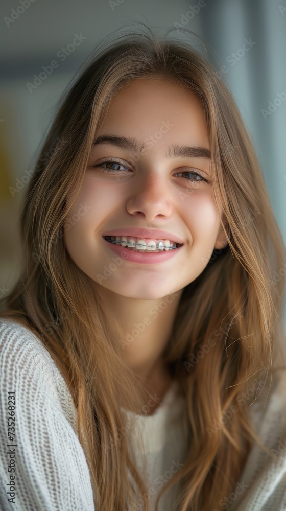 Laughing young woman with braces