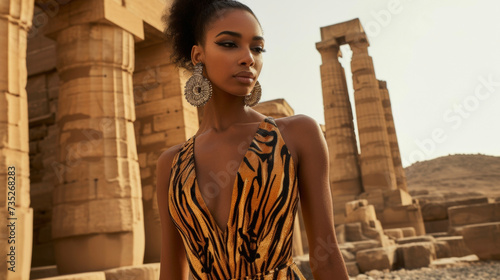 A floorlength tiger print dress with a deep Vneckline and statement earrings. Against a backdrop of ancient ruins this look is sophisticated and regal. photo