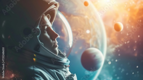 The lonely astronaut's portrait is positioned on the left side of the frame. photo
