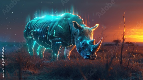 A holographic rhinoceros grazes peacefully in the savannah but its fading image serves as a powerful reminder of the urgency to protect