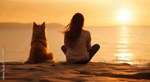 woman and dog on beach sitting at sunrise in spring