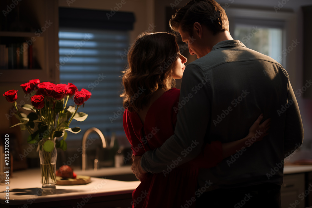 Intimate moment of a couple embracing in a cozy kitchen, with a vase of red roses in the foreground Intimate moment of a couple embracing in a cozy kitchen, with a vase of red roses in the foreground