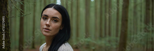 White-skinned woman with freckles walking through the forest looking at the camera