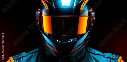 the image of a racing driver with his helmet, dark orange and light blue