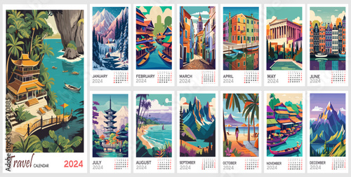 Wall Travel destinations calendar for 2024. Vertical design with famous places poster designs. Vector colorful illustration page template A3, A2 for printable monthly calendar. Week starts on Sunday.