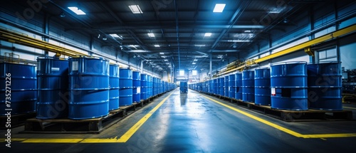 blue barrels in a warehouse