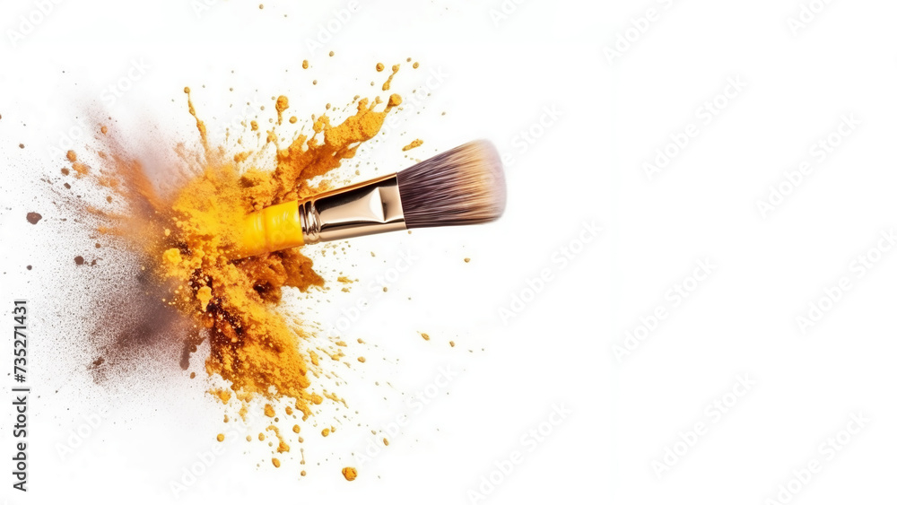 Cosmetic brush with pink and yellow powder splashes on a white background. Creative concept of make-up, decorative cosmetics. Banner with free space for text. Cosmetic brush with pink and yellow powder splashes on a white background. Creative concept of make-up, decorative cosmetics. Banner with free space for text.