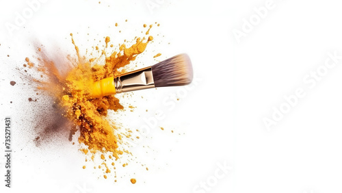 Cosmetic brush with pink and yellow powder splashes on a white background. Creative concept of make-up, decorative cosmetics. Banner with free space for text.