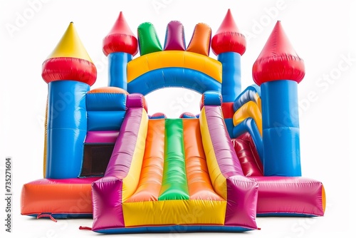 Big colorful bouncy castle, colorful inflatable bouncy castle toy isolated on white background, concept of children's playground, outdoor toy. photo