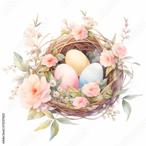 Three colorful eggs in bird's nest with flowers.Easter greeting card featuring traditional symbols of spring holiday,set against white background. Cute watercolor-style illustration.