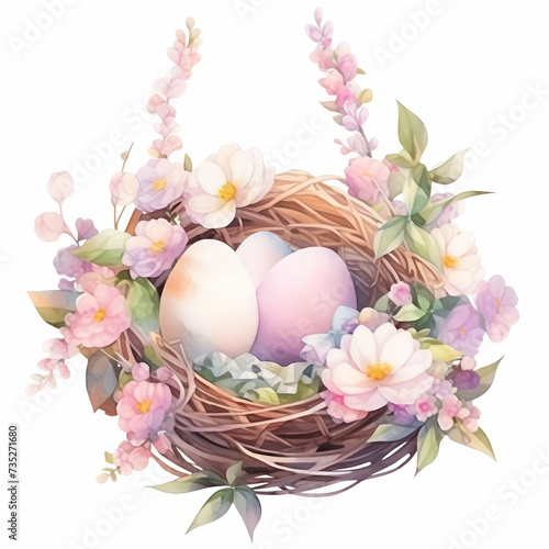 Three colorful eggs in bird's nest with flowers.Easter greeting card featuring traditional symbols of spring holiday,set against white background. Cute watercolor-style illustration.