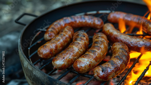 The savory and y aroma of sizzling sausage links fills the air as they cook over an open fire promising a hearty and satisfying meal.