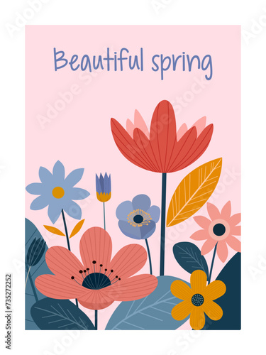 Vector spring card with flowers. Can be used for floral design, greeting cards, birthday and any holiday illustration. 