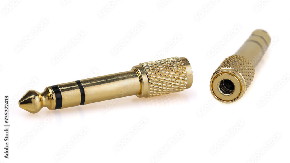 Adapter for connecting headphones from a 3.5 mm mini jack to a 6.35 mm TRS jack (1/4 inch). Adapter for connecting headphones from a 3.5 mm mini jack to a 6.35 mm TRS jack (1/4 inch).