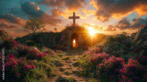 Crucifixion of Jesus Christ concept, Cross up on a hill at sunset,  photo