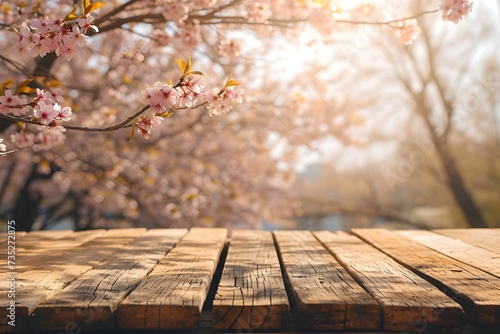 an empty wooden table top on the background of a beautiful spring landscape with a blooming pink cherry in the setting sun  product presentation design concept  layout