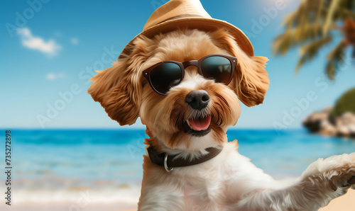 Happy Dog Wearing Sunglasses and Hat at the Beach, Summer Vacation Fun  © augenperspektive