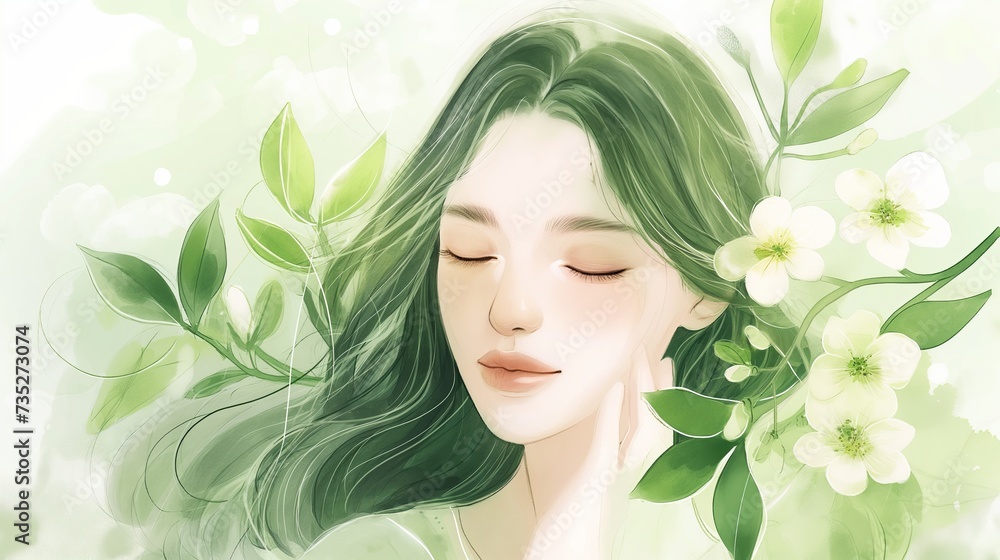 Women's Day and Mother's Day Celebration: Watercolor Elegance, Circular Floral Frame, Woman's Face, Digital Art, Grass Green