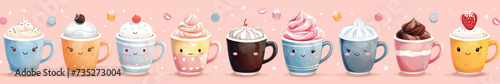 Kawaii Cute Cartoon coffee Beverages Collection, Assorted Flavored Drinks with Faces
 photo