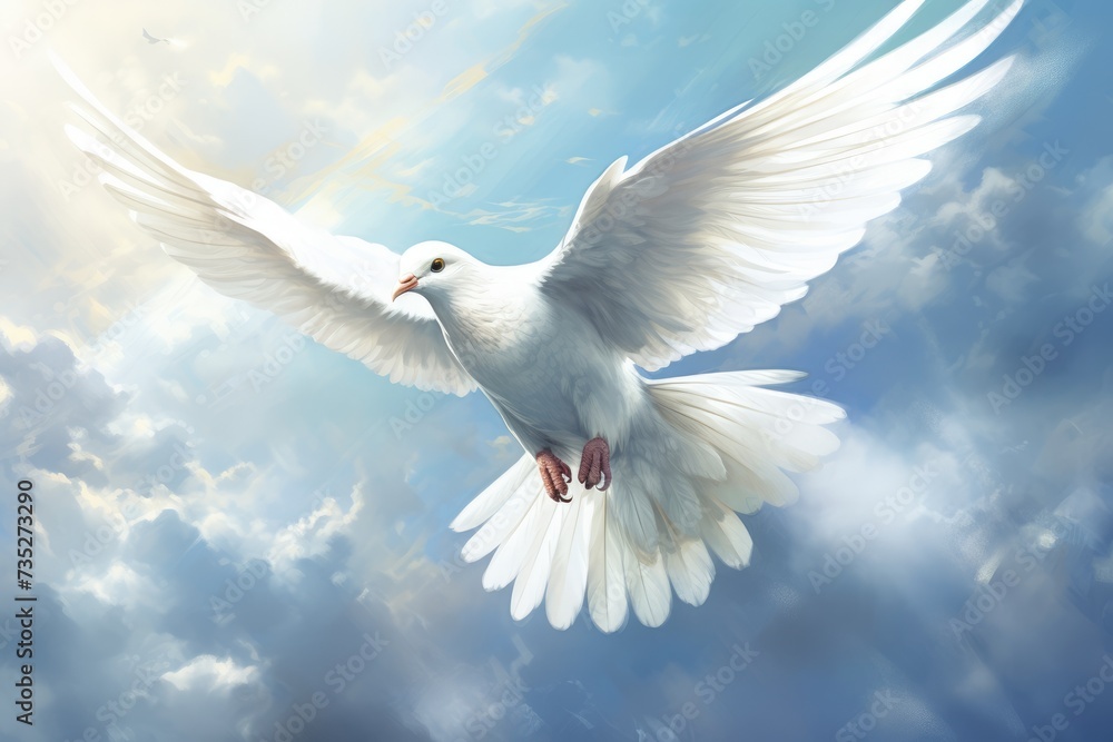 White dove flying in the blue sky with sun rays and clouds. White dove in the sky, AI generated White dove flying in the blue sky with sun rays and clouds. White dove in the sky, AI generated