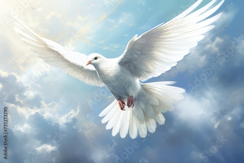 White dove flying in the blue sky with sun rays and clouds. White dove in the sky  AI generated