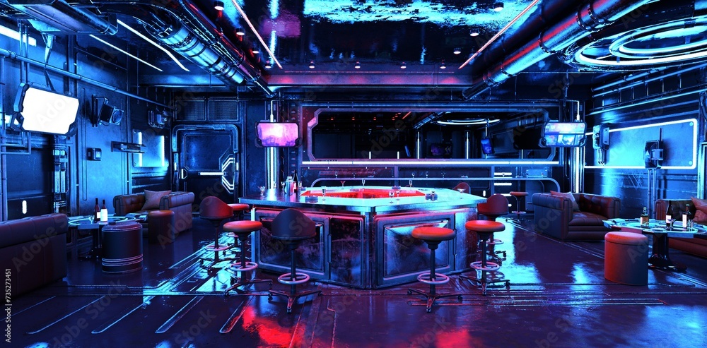 3D illustration of a cyberpunk night club, bathed in blue neon lights. The edgy design features metallic textures and reflective surfaces, creating a futuristic ambiance.