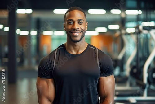 Attractive muscular black man in sportswear stands against the backdrop of a gym and exercise equipment. Personal trainer in a sports club smiles and looks at the camera.