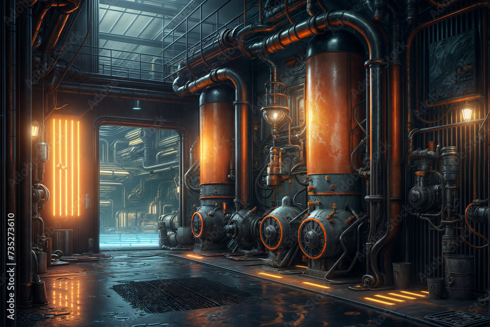 a steam punk boiler room in a factory.