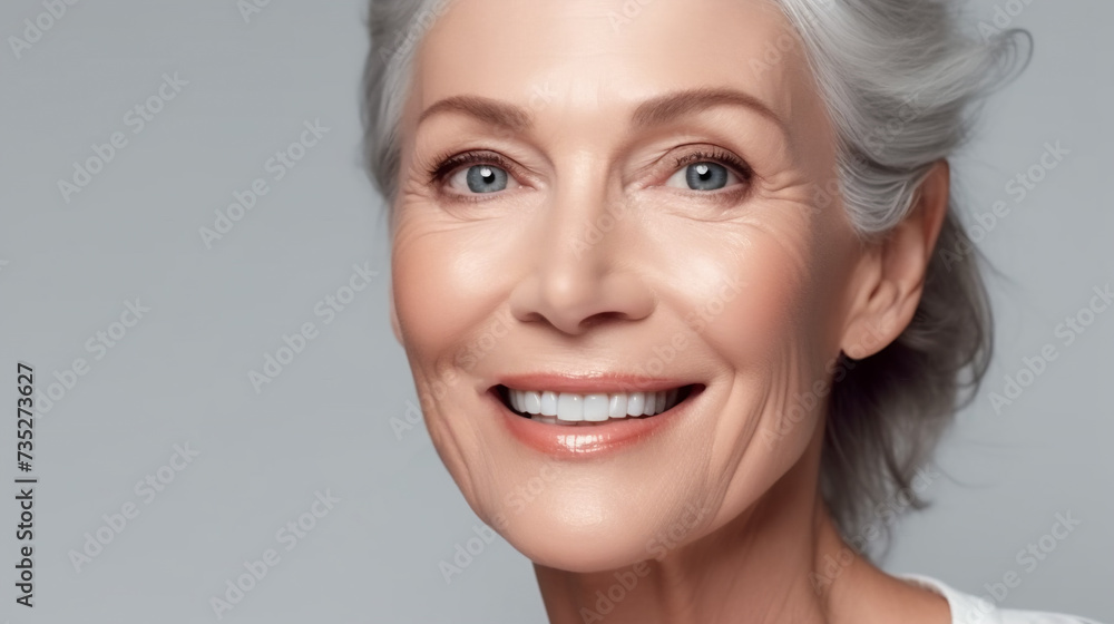 Close up of a beautiful mature woman's face with skin texture wrinkles. Cosmetic procedures for aging skin skin body care healthy lifestyle concept Close up of a beautiful mature woman's face with skin texture wrinkles. Cosmetic procedures for aging skin skin body care healthy lifestyle concept