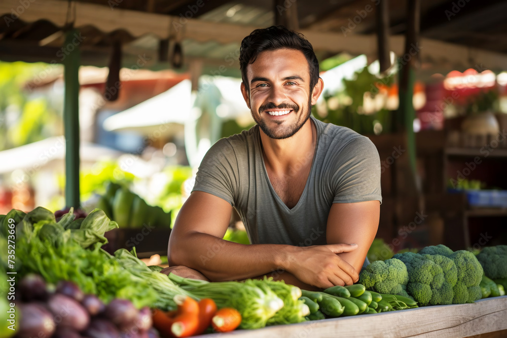 Fototapeta premium attractive man farmer at a vegetable stand at the market. A friendly farmer sells fresh vegetables.