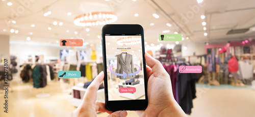 Augmented reality,AR Shopping retail concept.Hands holding mobile phone on blurred fasion store photo