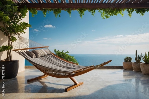 Seaside Serenity A Rooftop Terrace Oasis with Hammock and Potted Plants Overlooking Sky and Sea