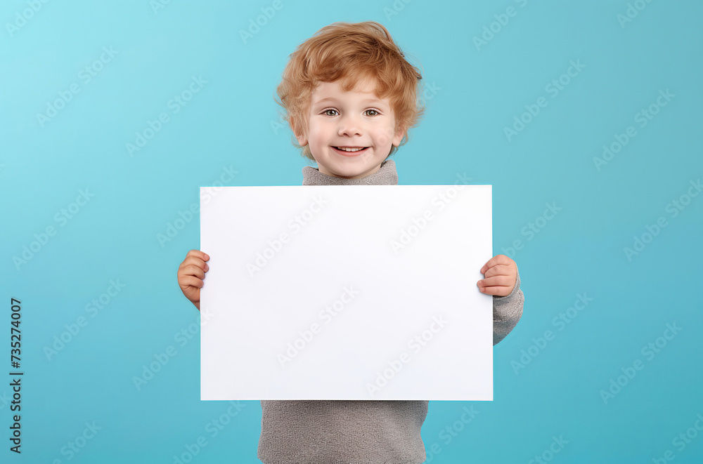 Little child boy holding a white banner. empty space for editing on pastel blue background Little child boy holding a white banner. empty space for editing on pastel blue background