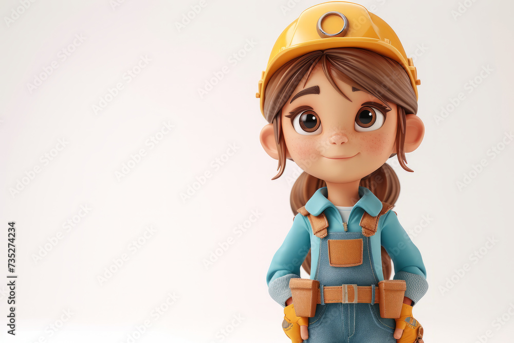 3D style cute cartoon character of a female construction worker against ...