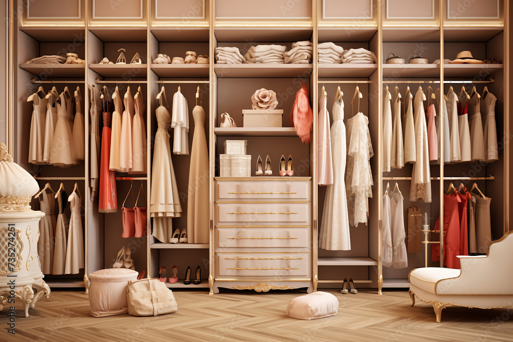 A cozy wardrobe with white walls and a closet where clothes are neatly hung. Dressing Room Interior With Shoes, Bags And Hanging Clothes