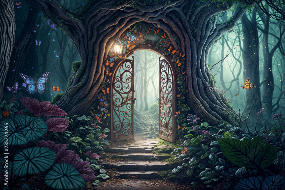 Mystical door in the woods. Halloween concept.