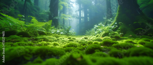 Mystical forest scene, where fog and lush greenery merge to create an enchanting landscape, inviting exploration and wonder