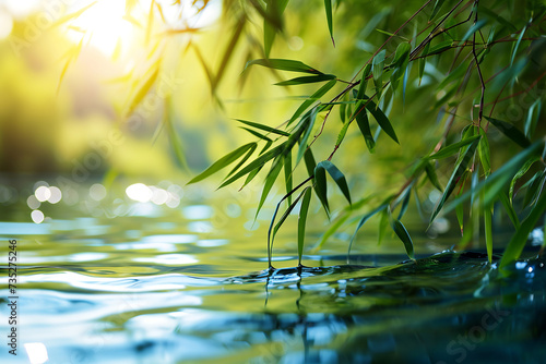 Green bamboo leaves over sunny water surface.