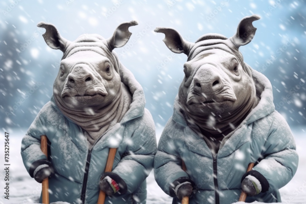 rhinocero couple posing with ski equipment
