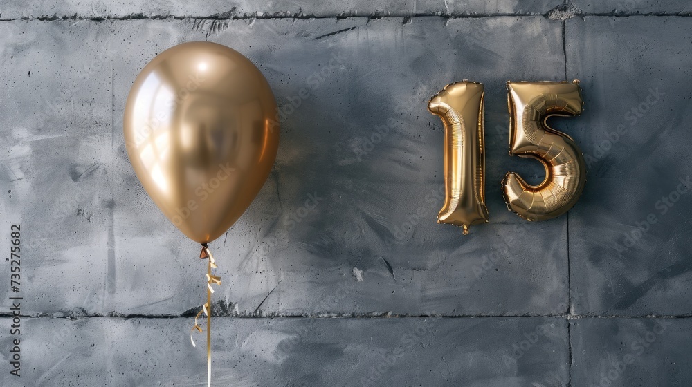 Number 15 in golden foil balloon on concrete, creating a stylish anniversary concept, ideal for a celebration banner with a touch of sophistication and copy space