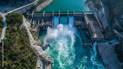 beautiful aerial view of huge dam ,Hydroelectric Power in Nature generate electricity .