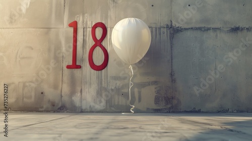 Number 18 in white foil balloon on concrete, creating a stylish anniversary concept, ideal for a celebration banner with a touch of sophistication and copy space