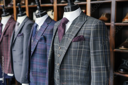 A variety of formal men's suits are sold in the luxurious, modern boutique. suit for prom, suit for business meeting