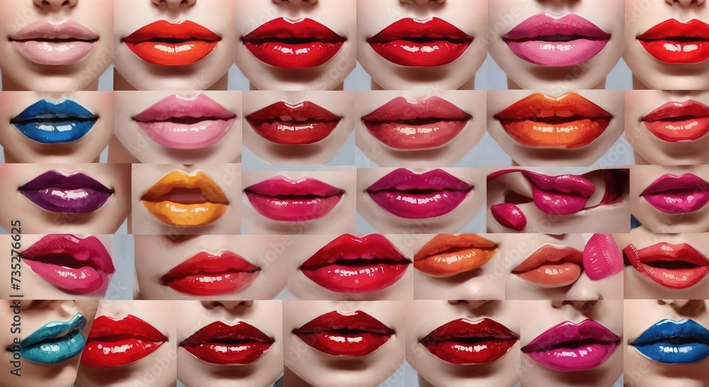 Set of beautiful female lips close-up, painted in different colors Set of beautiful female lips close-up, painted in different colors